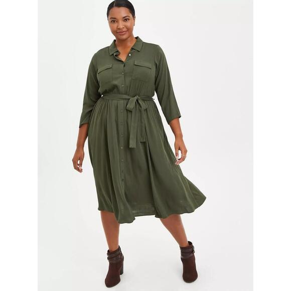 Torrid Midi Rayon Slub Belted Shirtdress Deep Depths Olive Green size 2X - Picture 1 of 9